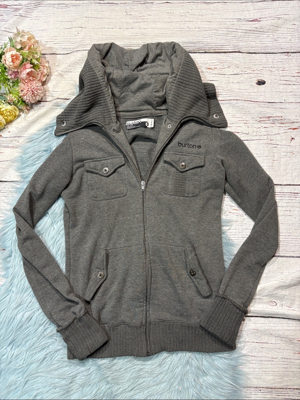Burton Gray Hooded Ribbed Button Front Sweatshirt Jacket - Picture 4 of 9